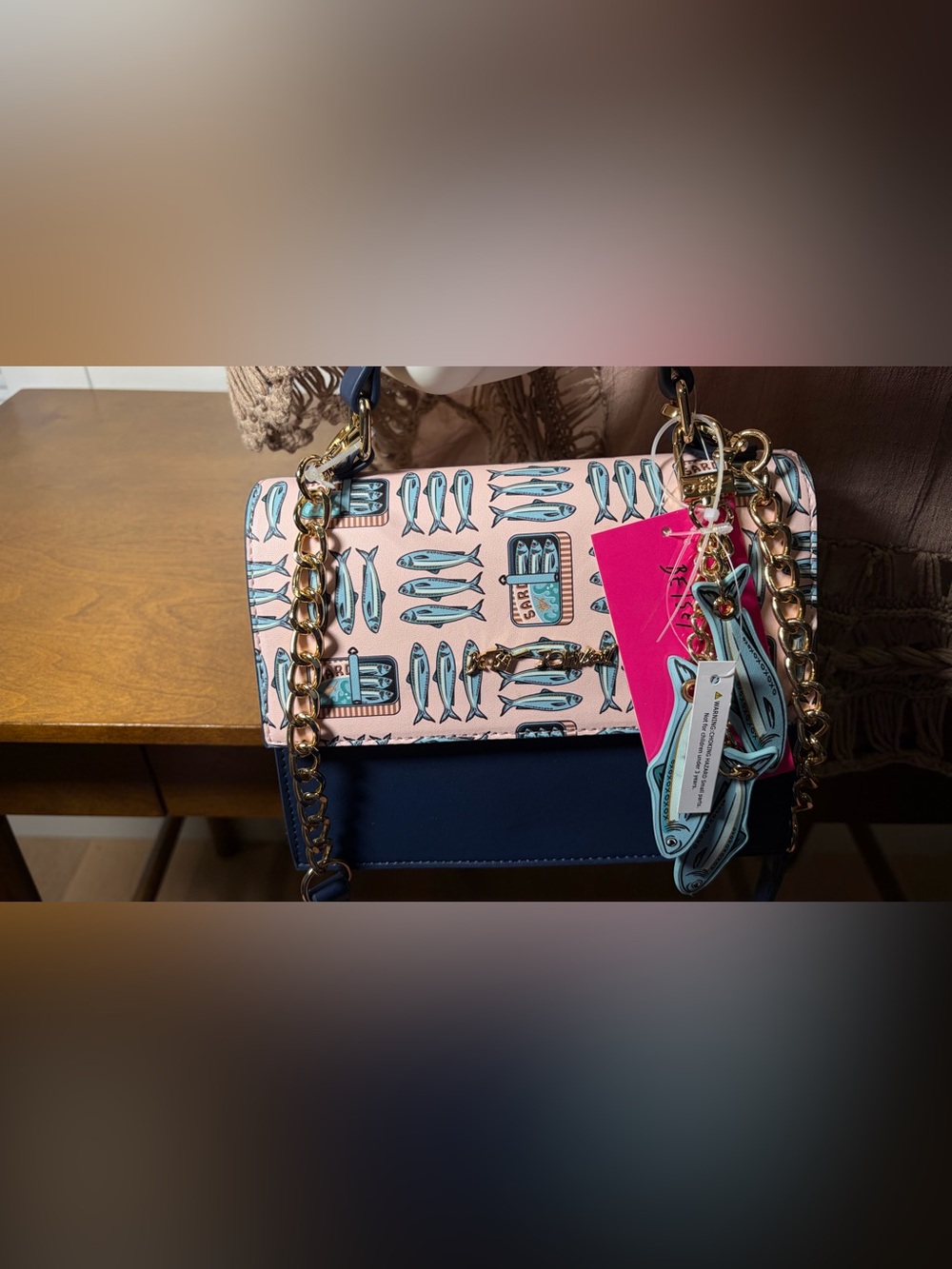 Betsey Johnson SARDINE BAG Pink & Navy Fish-Print Crossbody Satchel - Picture 9 of 15